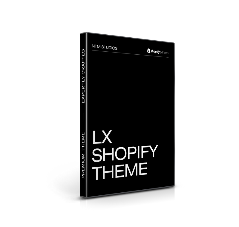A box packaging for LX SHOPIFY THEME by NTM STUDIOS with a minimalist design.
