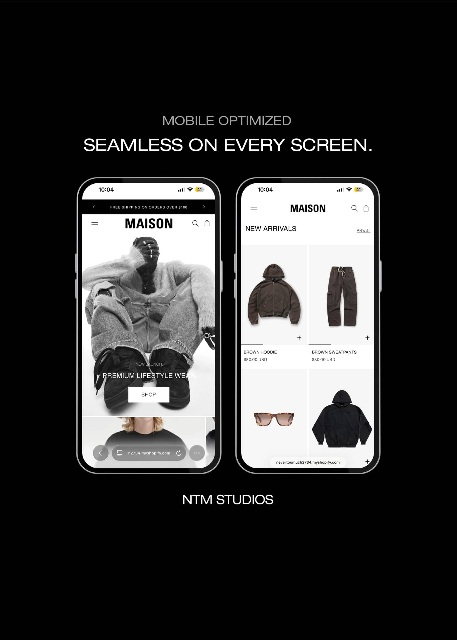 Two smartphone screens displaying fashion app interfaces with 'MAISON' branding on a black background.