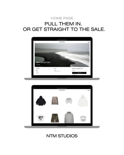Two laptop screens displaying a website with clothing images on a white background, featuring text 'Pull Them In. Or Get Straight to the Sale.