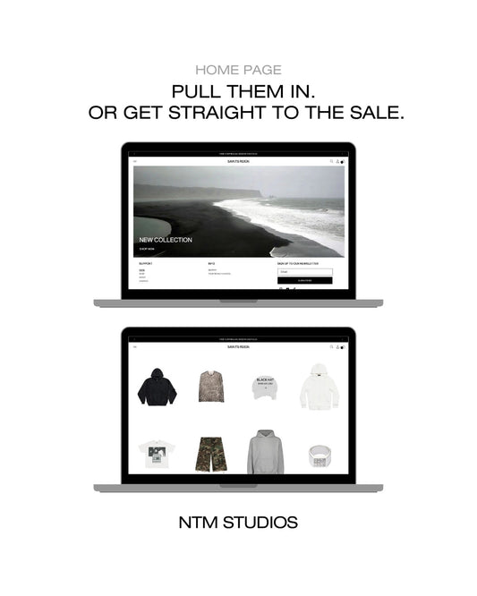 Two laptop screens displaying a website with clothing images on a white background, featuring text 'Pull Them In. Or Get Straight to the Sale.