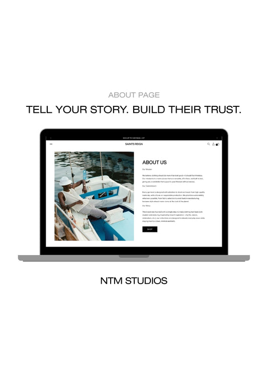 Laptop displaying a website with 'NTM STUDIOS' branding on a white background.