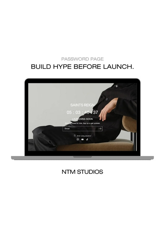 Laptop displaying a password page with text 'Build Hype Before Launch' and 'NTM STUDIOS' branding.